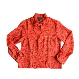 Vintage Neck Bow Button Up Top Medium Orange Animal Print Work Secretary Retro